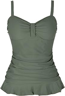 Hilor Women's 50's Retro Ruched Tankini Swimsuit Top with Ruffle Hem, Army Green, 6 Price In India