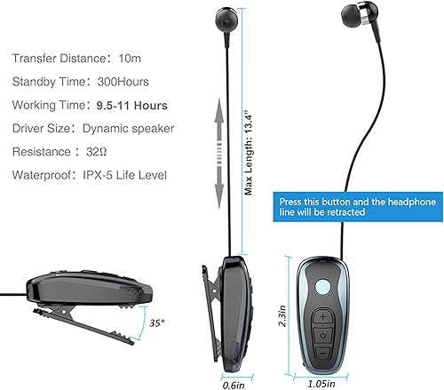 Miniatura 4 de Auriculares inalámbricos retráctiles auriculares estéreo ligero V5.0 Cancelación de ruido micrófono Clip en el auricular entrenamiento deportes