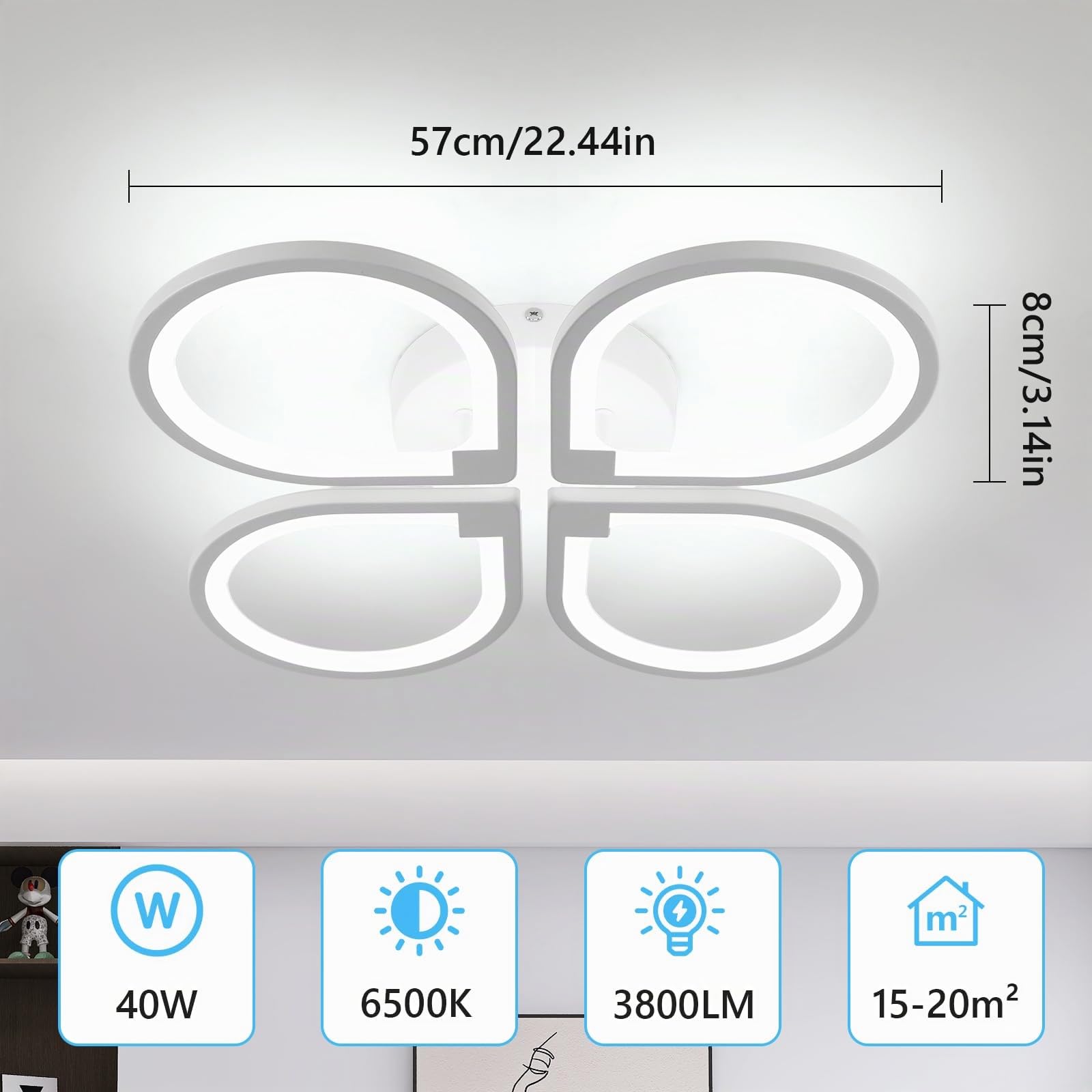 Comely Luz de techo led cuatro pétalos, lámpara de techo 40W 4500LM, luz de techo moderna creativa para sala de estar cocina baño dormitorio pasillo, blanco frío 6500K, diámetro 57cm, blanco