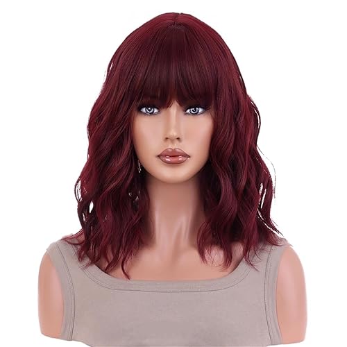 Pelucas cortas de color rojo vino con flequillo, peluca corta rizada ondulada borgoña para mujer, peluca de fibra sintética para uso diario, fiesta,