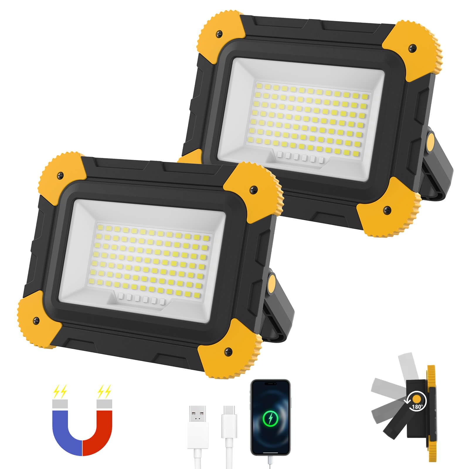 2-Pack Portable Flood Light, 4000mAh Magnetic Rechargeable LED Work Light Battery, 40W Outdoor Waterproof Work Lights Cordless 180° Rotate for Job Site Garage Camping Car Repair, Gifts for Men