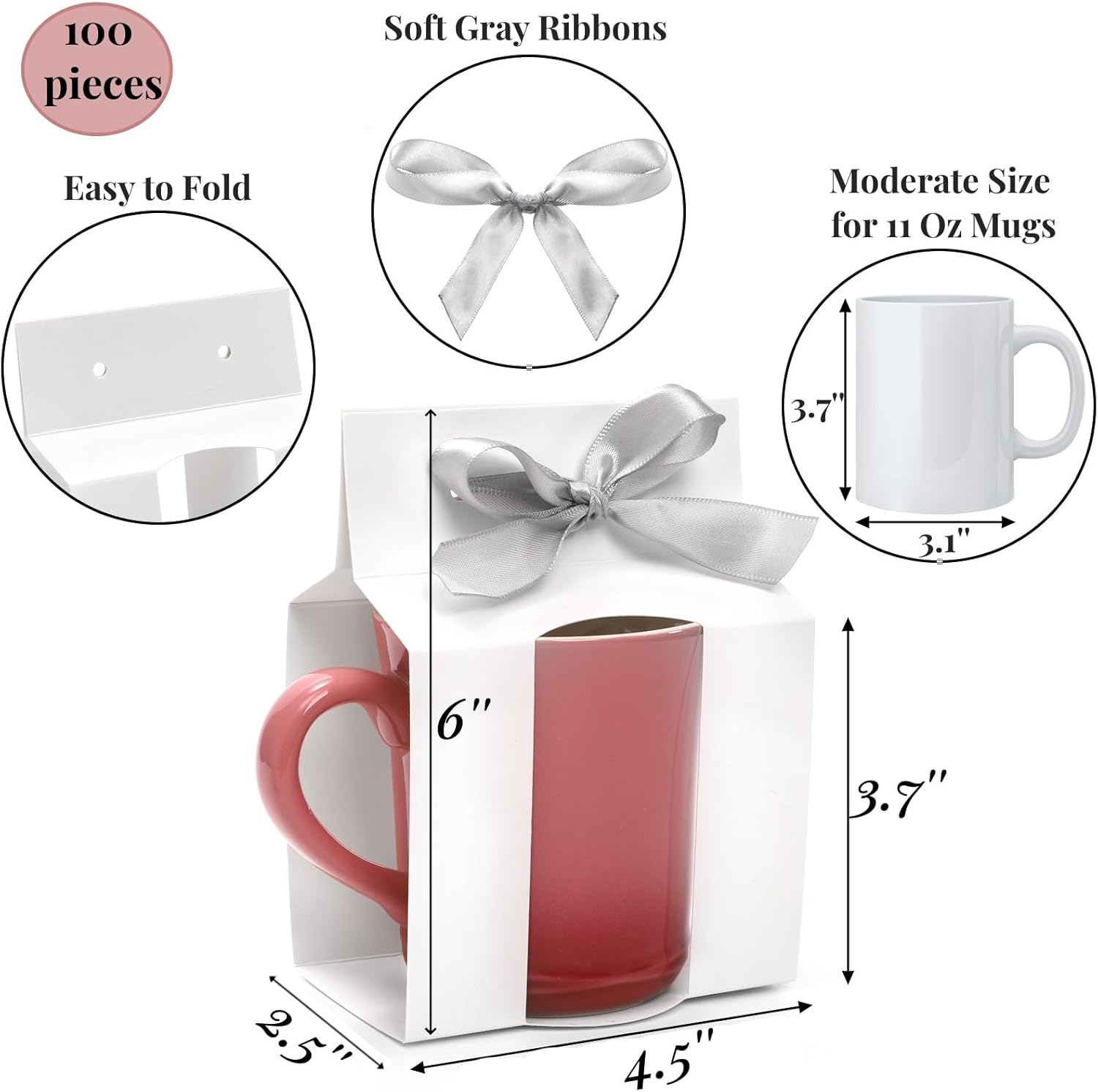 ZAVOOS 100 Pieces Mug Boxes, 11 Oz Sublimation Mugs Gift Box with Ribbon for Packaging Shipping Selling, Small White Cups Blanks Wrapping Bulk for Wedding, Birthday, Christmas