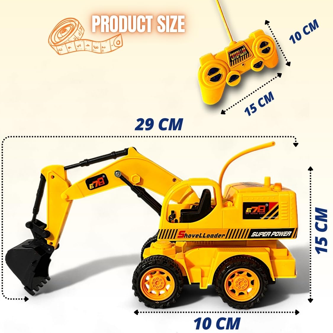 DHAMAKA VROOM Remote Control JCB Digger Toy – USB Rechargeable Excavator Construction Vehicle with 4-Way RC Car, Flashing Lights, Realistic Sound, Moving Shovel Arm for Kids (Model 8037, Yellow)