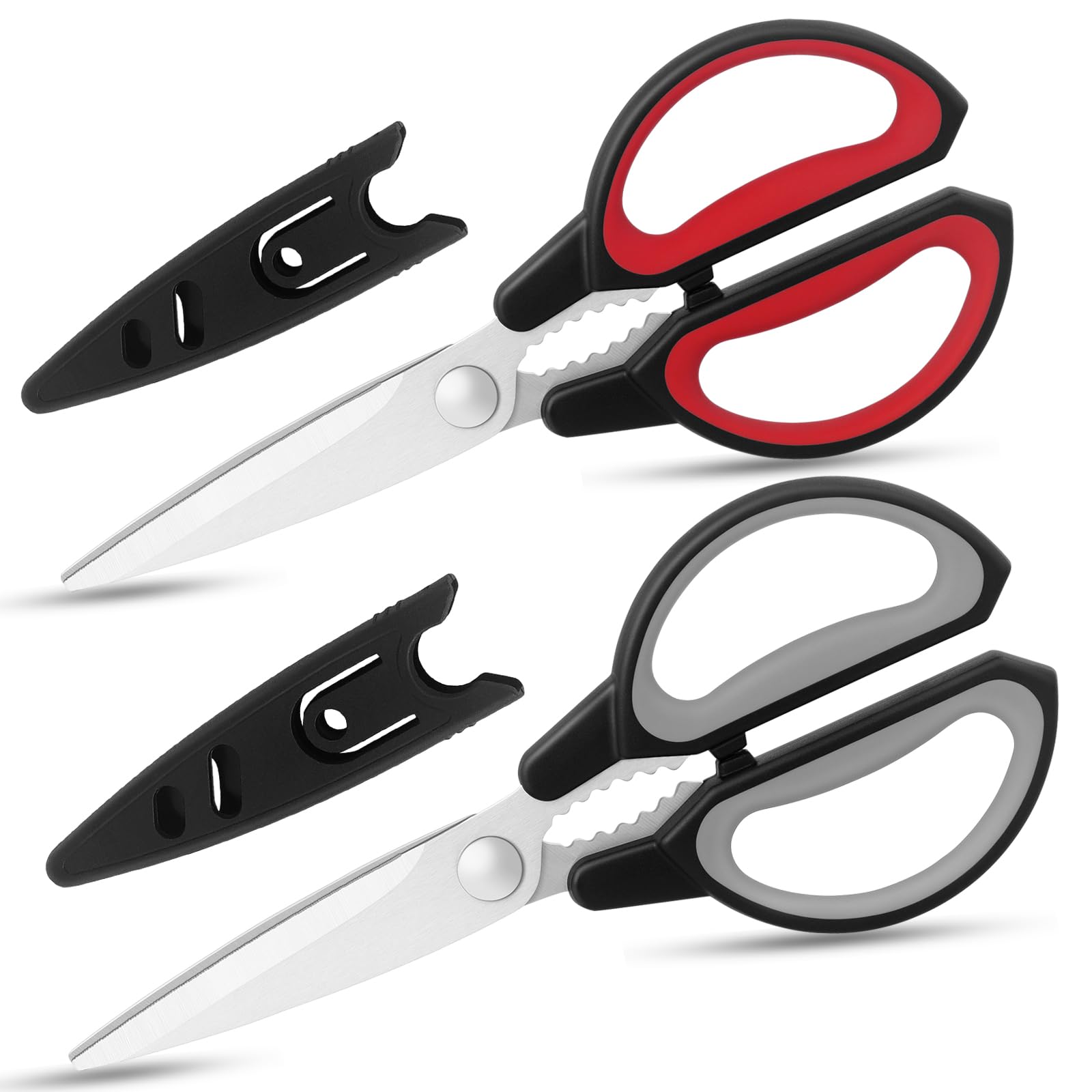 Tazoueoo Kitchen Shears 2-Pack, Multi-Purpose Stainless Steel Kitchen Scissors with Protective Covers, Sharp Micro-Serrated Edge for Meat, Veggies and Nuts, Black-Grey & Black-Red