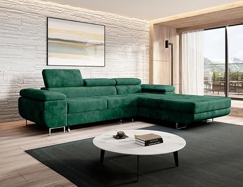 Moderno Norberg Corner Sofa Right with Sleep Function Bedding Container Corner Sofa Bed Living Room Bedroom Furniture Sofas & Couches Sofa Sofa Bed Monolith Velour Bottle Green 72 x 279 x 205 cm