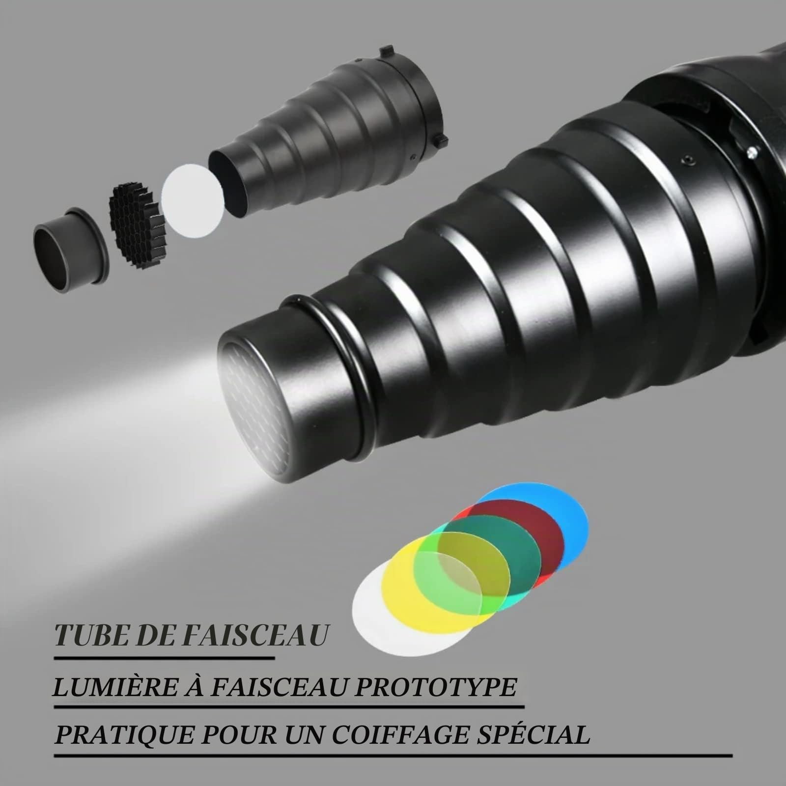 Kit Snoot Conique, Snoot Bowens Mount avec Tube de Faisceau Lumineux de Grille en Nid d'abeille Snoot et 5 Pièces Filtres de Gel de Couleur pour Photographie Flash Stroboscopique de Studio
