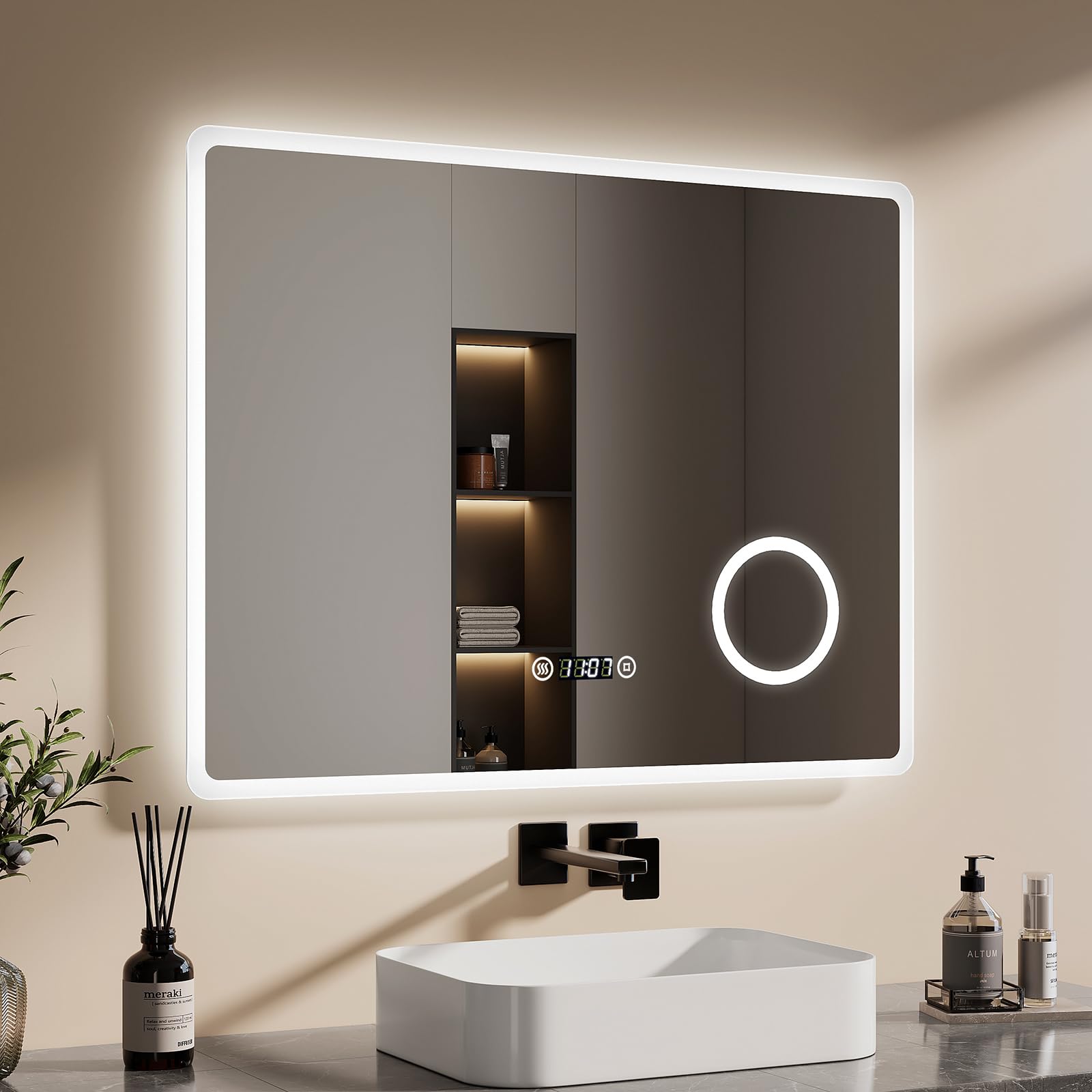 EMKE Specchio da Bagno con Illuminazione, 70 x 50 cm, Specchio LED Asimmetrico, Interruttore Tattile, 3 Colori di Luce Regolabili, Specchio Antivapore | Leroy Merlin