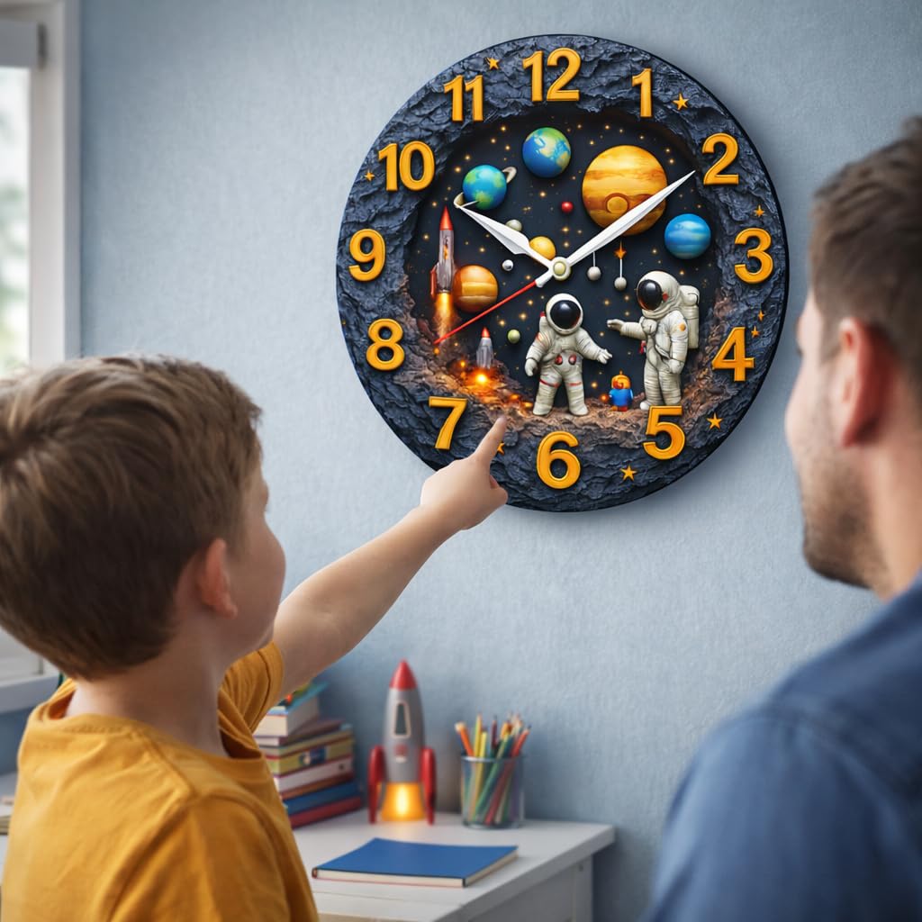 TERA MERA GIFT Kids Space Wall Clock for Bedroom 12 Inch Silent Movement Decorative MDF Timepiece for Boys Girls Study Room Gift 2