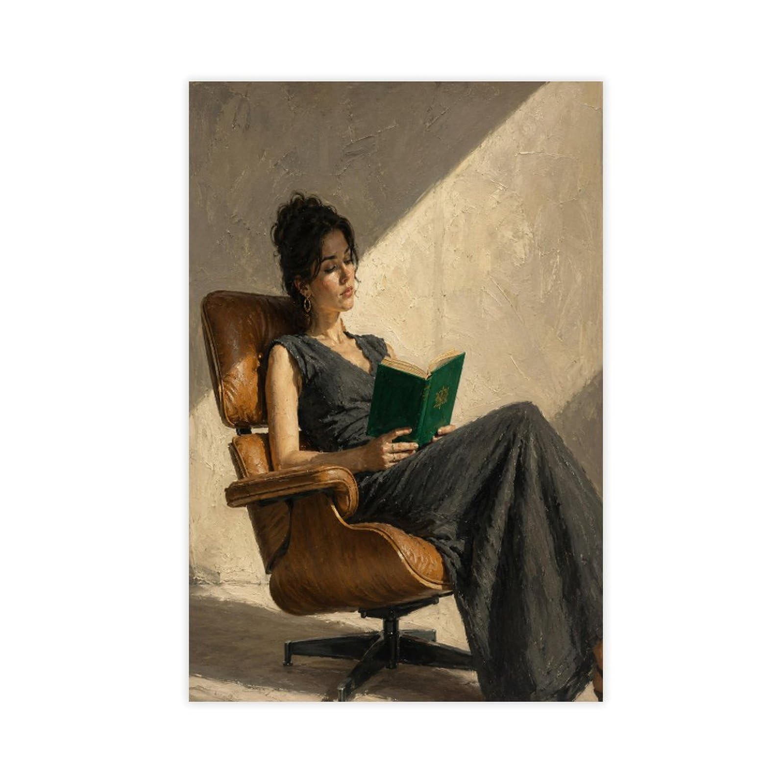 W7c8u2x3 Unframe-Style-13 Woman Reading Green Book Canvas Wall Art, Gallery Wall