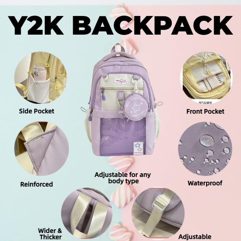 Kawaii Backpack Double Shoulder Bag with Cute Star Removable Pouch Clear Pocket Large Capacity Dopamine Colors Daypack (Clear Purple) - Image 6