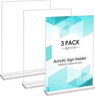 Vcertcpl Acrylic Sign Holder Display Stand, 8.5x11 Vertical Double Sided Clear Table Signs Stand, 3 Pack T Shape Flyer Holder Plastic for Picture Paper Card Home Office Menu Retail Show Fair