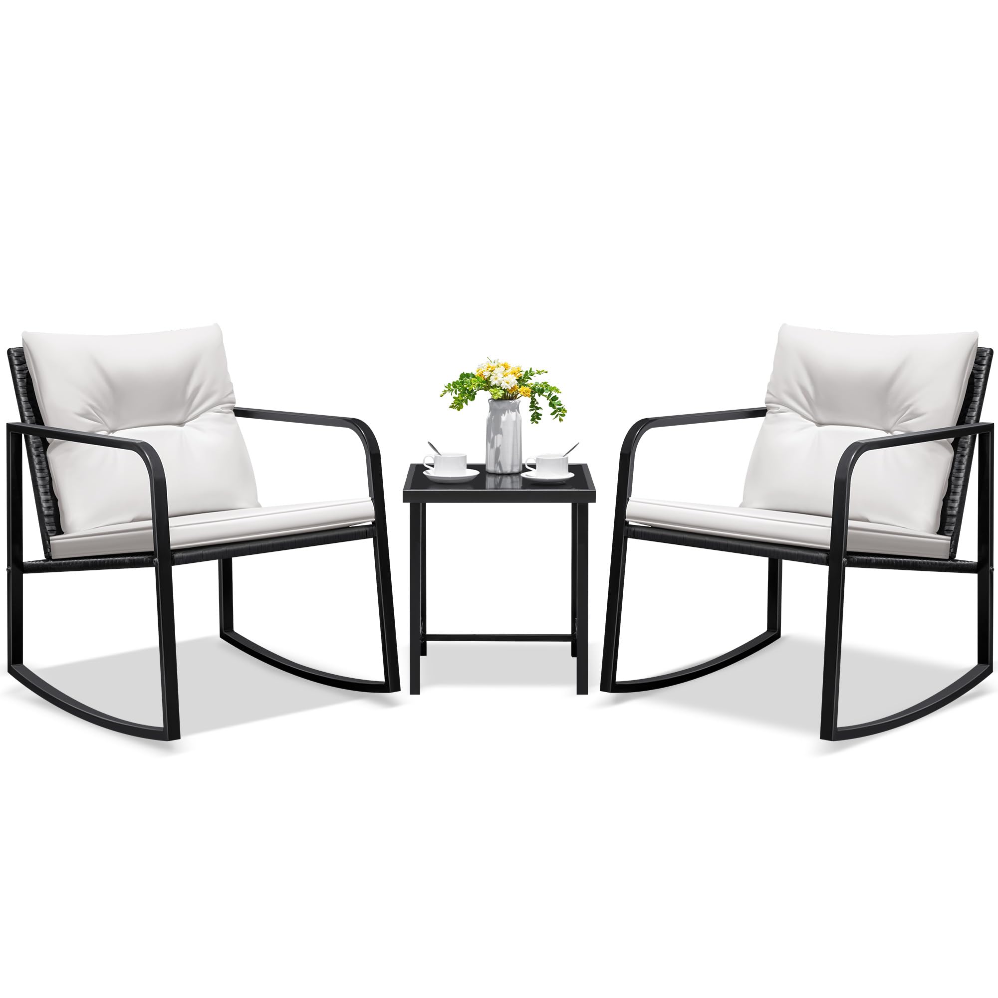 Juego de 3 piezas de mimbre mecedor, juego de muebles de patio para exteriores con sillas de porche y mesa de café de cristal, color beige