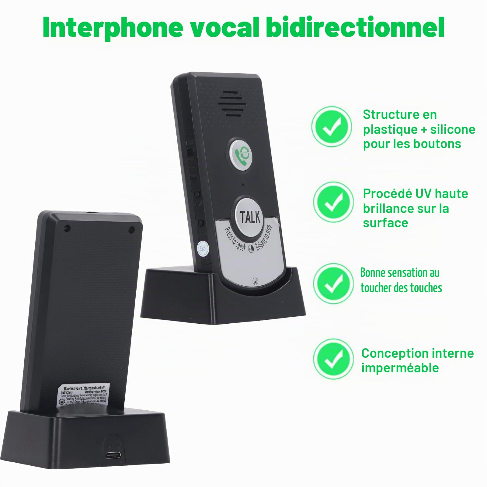 Interphone Vocal sans Fil Système D'interphone Portatif à 2 Voies Installation Facile pour la Sécurité à Domicile la Maison et le Bureau