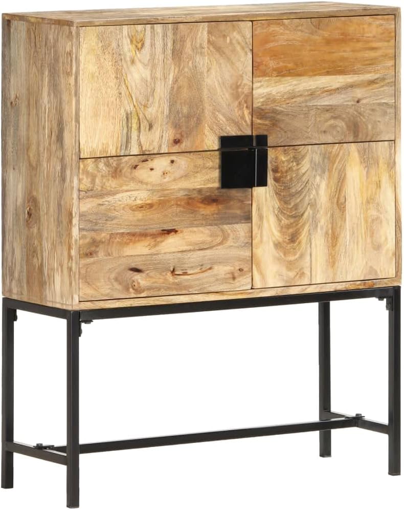 Rustic highboard Solid Mango Wood Brown and Black Polished Finish 11.8x31.5x39.4 inches 4-Door Storage Cabinet with Steel Legs Indoor Living Room Storage Cupboard