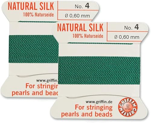 Griffin - Cordón para cuentas de seda natural, 2 unidades, hilo y aguja, tamaño 4, color verde