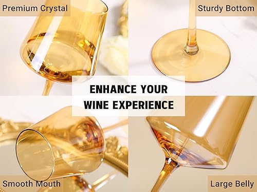 Miniatura 5 de Juego de 6 copas de vino de color ámbar con tallo y parte inferior plana, copas de vino modernas y coloridas, sopladas a mano, regalos duraderos