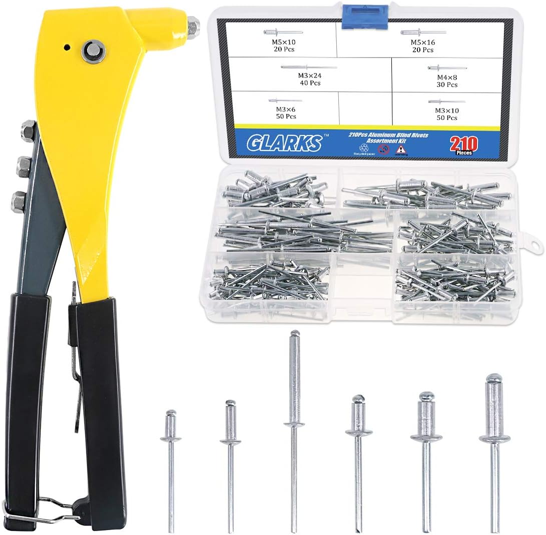 Glarks Heavy Duty Riveter Set, 210Pcs Aluminum Blind Rivets Assortment Kit and a Professional Pop Rivet Gun for Sheet Metal, Automotive, Railway, and Duct Work (Rivet Gun with Rivets Set)