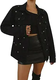 Jaqueta Jeans Preta Feminina Maxxi Oversized com Ilhos 100% Algodão Manga Longa Premium Brilho