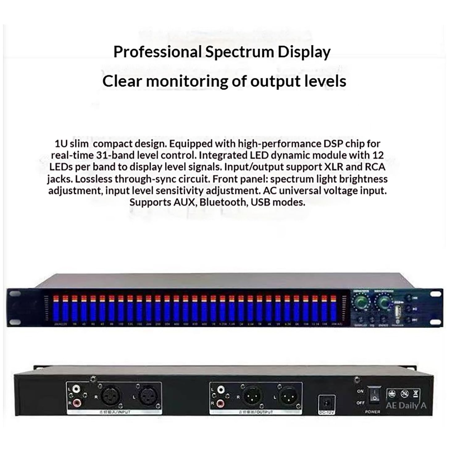 Ecualizador digital profesional DSP estéreo con pantalla LED dinámica, 21 efectos preestablecidos, reducción automática de ruido, montaje en rack de 1U para aplicaciones de estudio y KTV
