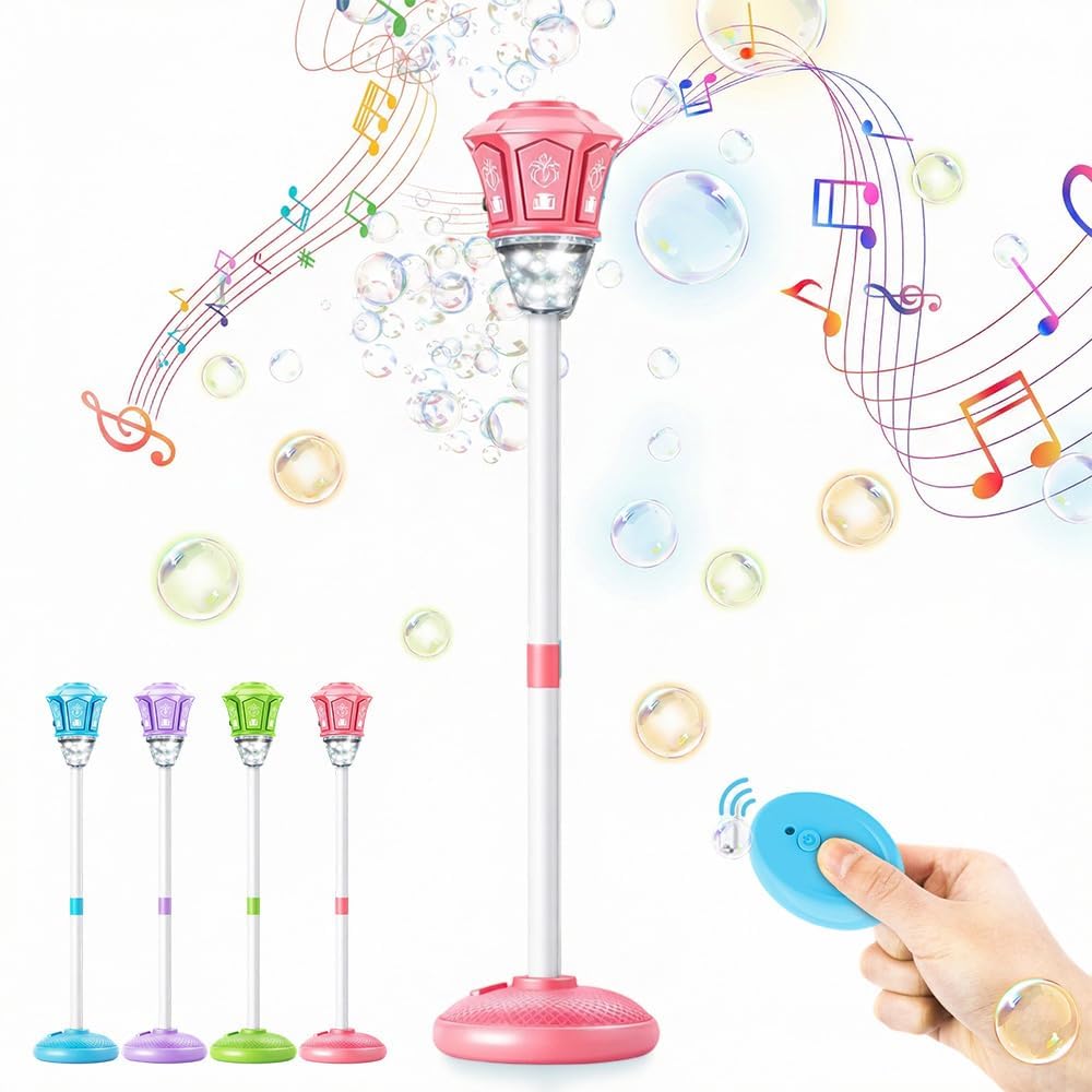 Automatic Bubble Machine, Standing Blower with Lights and Music, Torch Tower Adjustable Height Stand Maker for Birthday Party Wedding Outdoor Garden Patio(Pink)