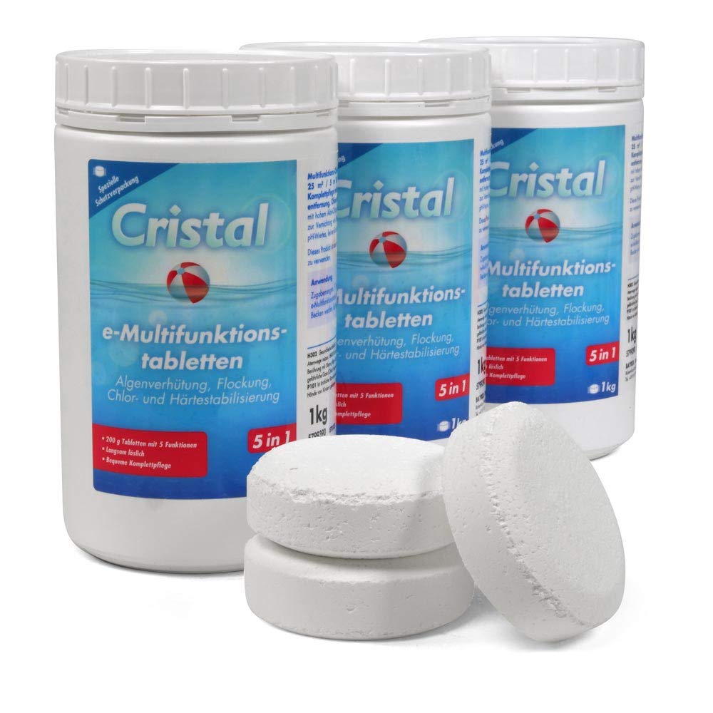 Cristal Multitabs E-Chlor 200g - 3 kg Poolpflege-Set - 5 in 1 Langzeit-Chlortabletten für sauberes und kristallklares Wasser - Für Pools ab 25m³