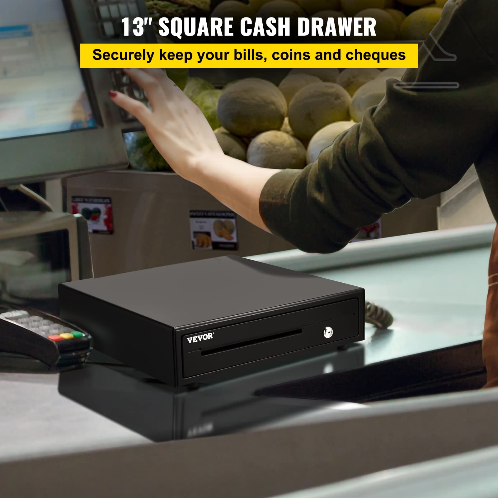 VEVOR Kassenschublade Kassenlade 13 Zoll quadratische Geldschublade 3 Entriegelungswege RJ11/RJ12 Anschluss 4 Geldscheinfächer&5 Münzfächer Lebensmittelgeschäft Bank Büro Café Supermärkt Bar, Schwarz