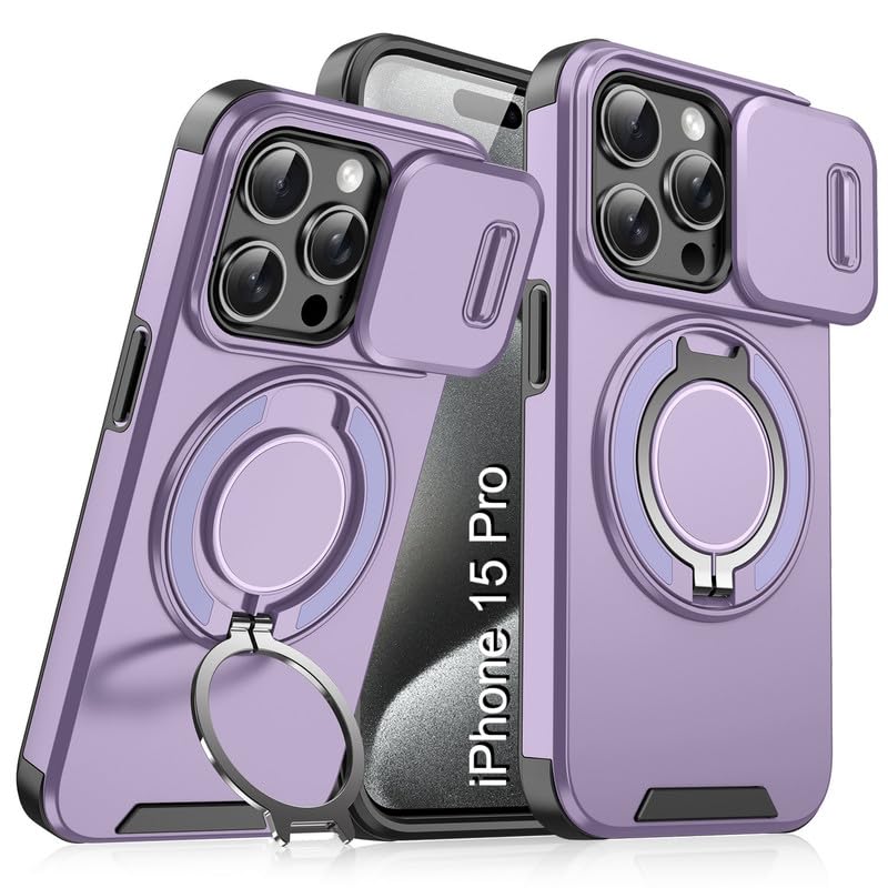 Image of LuxuryKase Shockproof Rugged Case for iPhone 15 Pro | Slide Camera Cover | 360 Rotating Ring Kickstand | Military-Grade Protection - Lavender Purple