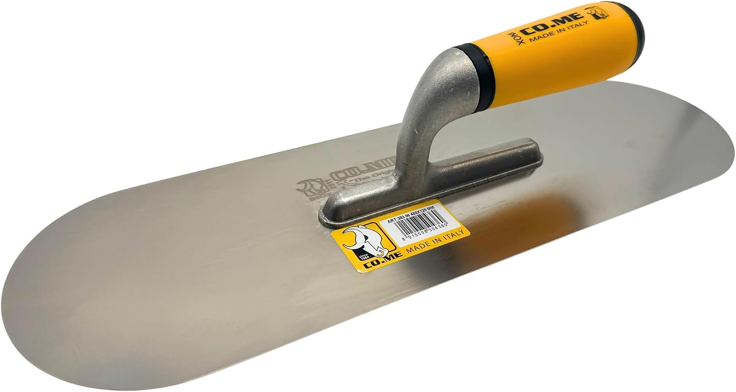 Co.Me Stainless Steel Pool Trowel, Professional Drywall Masonry Trowel with Soft Grip Handle, Lightweight, Round End, Plastering Trowel for Sheetrock Wallboard Made in Italy (16")