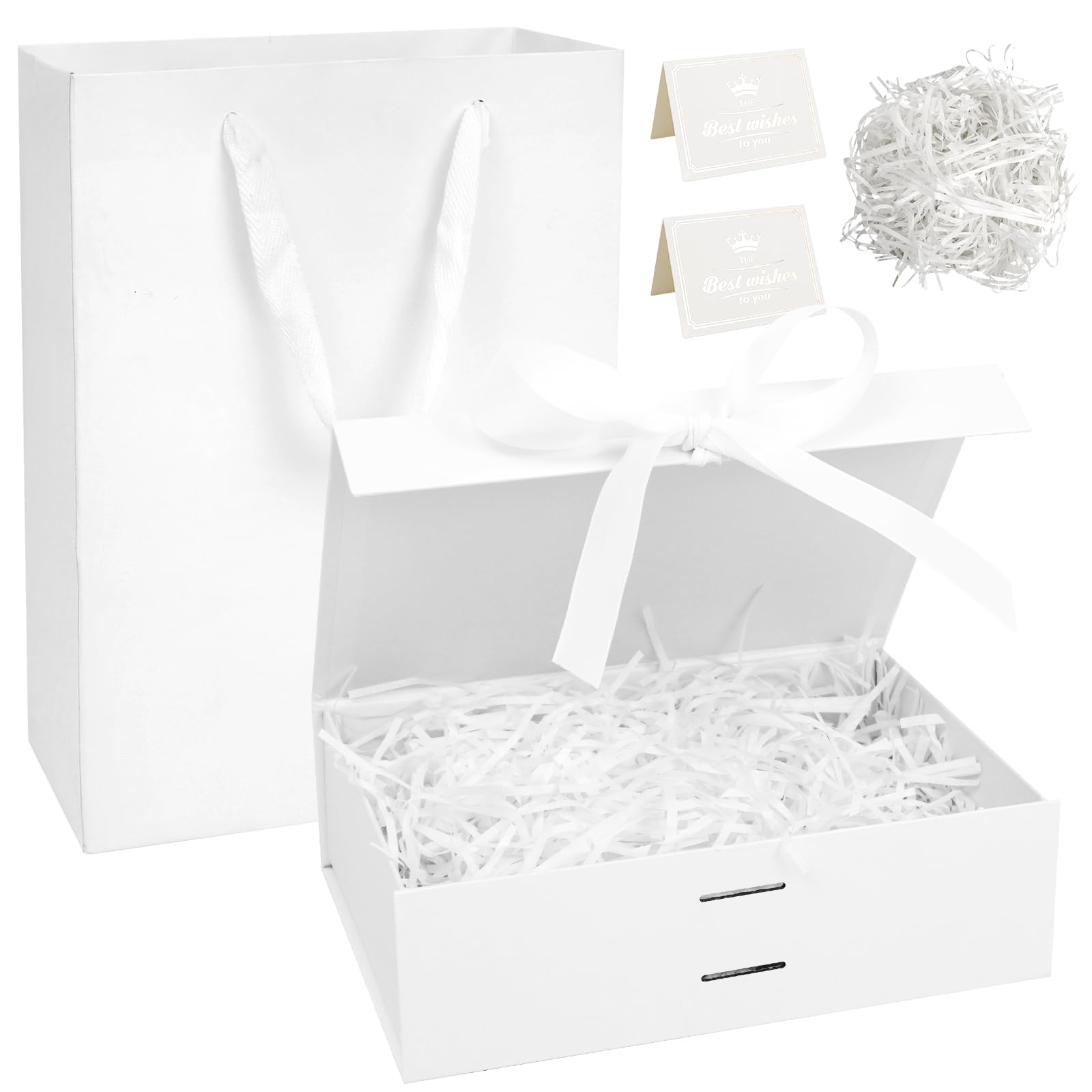 Realjoy White Gift Box, Magnetic Gift Boxes with Lids Ribbon Shredded Paper Greeting Card, 22.5 x 16 x 8.8cm Gift Boxes for Presents Birthday Wedding Valentines Anniversaries