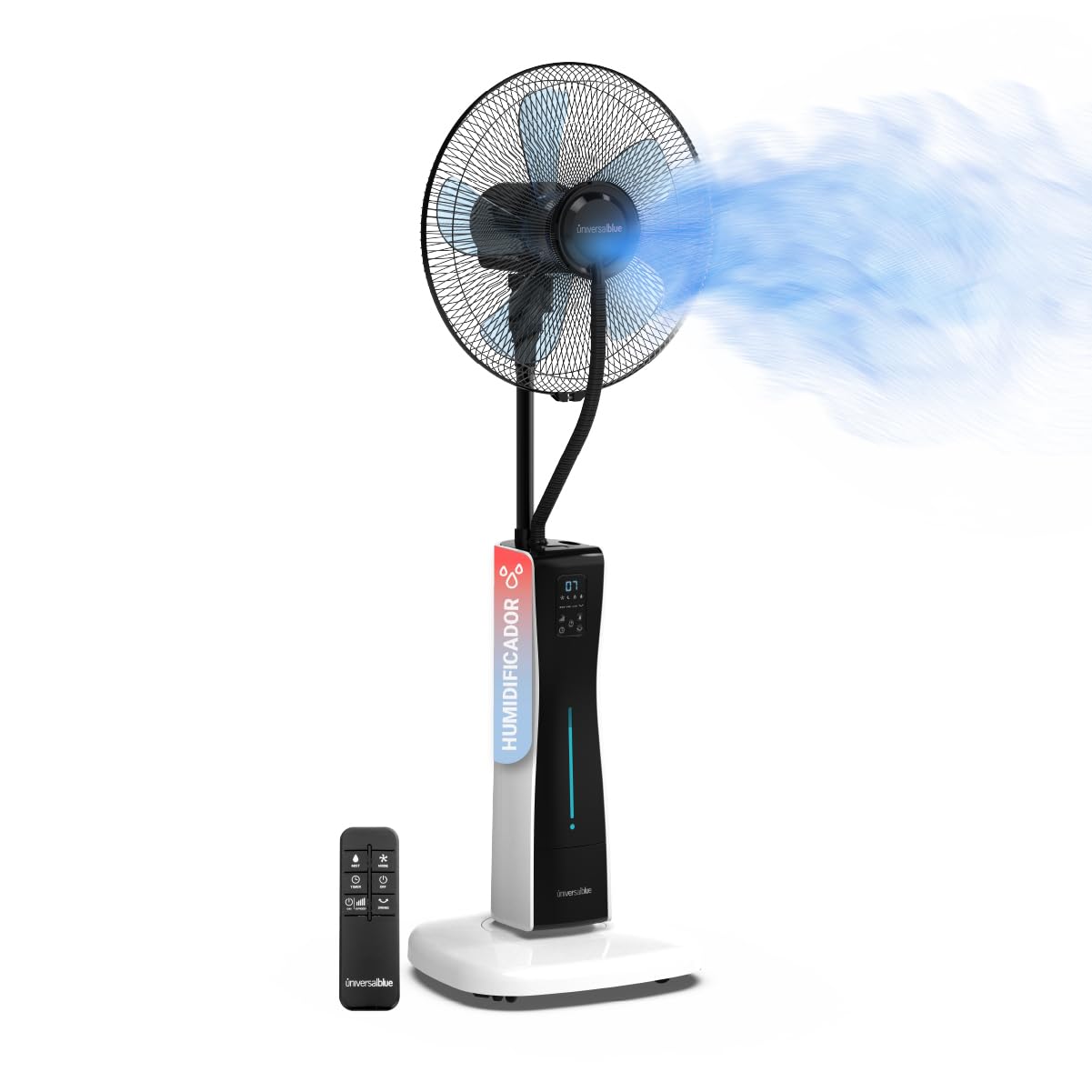 UNIVERSALBLUE Ventilador Humidificador Potente | Ventilador Nebulizador de Agua | Con Ruedas | Mando a Distancia | 3 Velocidades | Silencioso | Temporizador 12h | 5 Aspas | Blanco y Negro