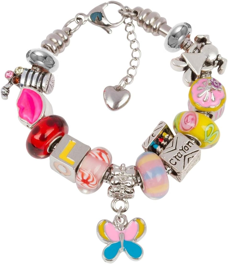 Timeline Treasures European Charm Bracelet with Charms for Girls, Stainless Steel Snake Chain, Pink Back to School