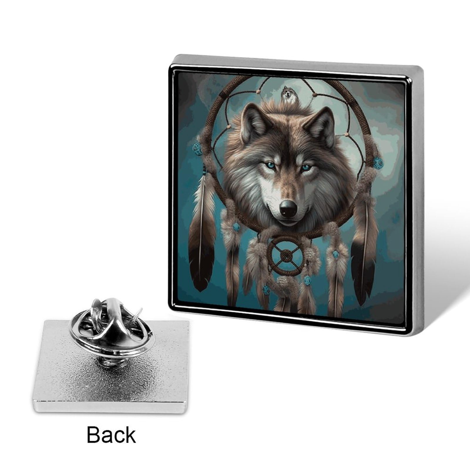 Square Lapel Pins 3D Wolf Dream Catcher Metal Square Brooceh Badge for Suits, Backpacks & Hats, Lapel Accessory