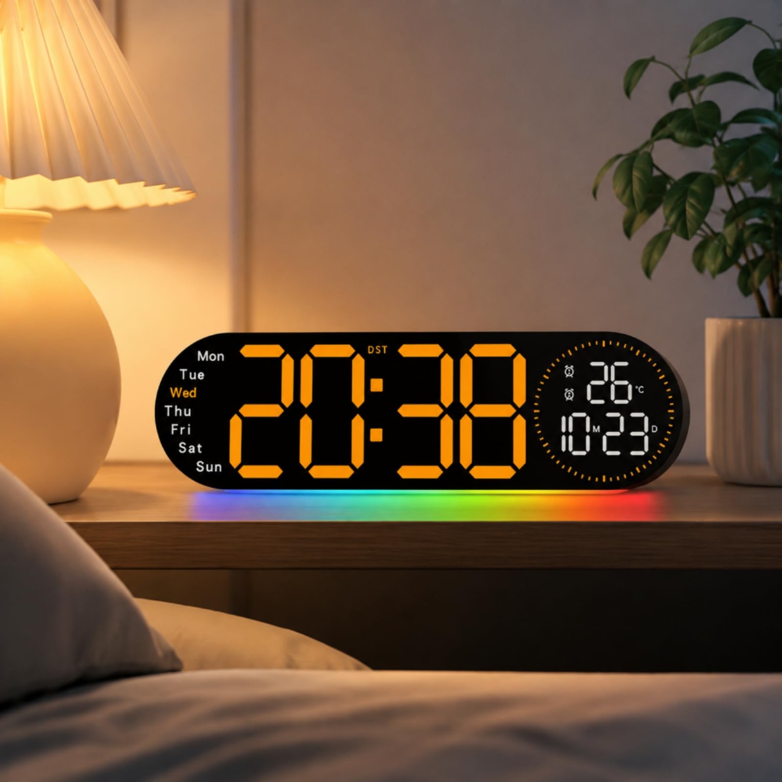 Colcolo Reloj Digital de Pared con Números Indicador a la Izquierda y Temperatura con Fecha a la Derecha Luz Ambiental Discreta y Carcasa de Plástico y PVC, Azul