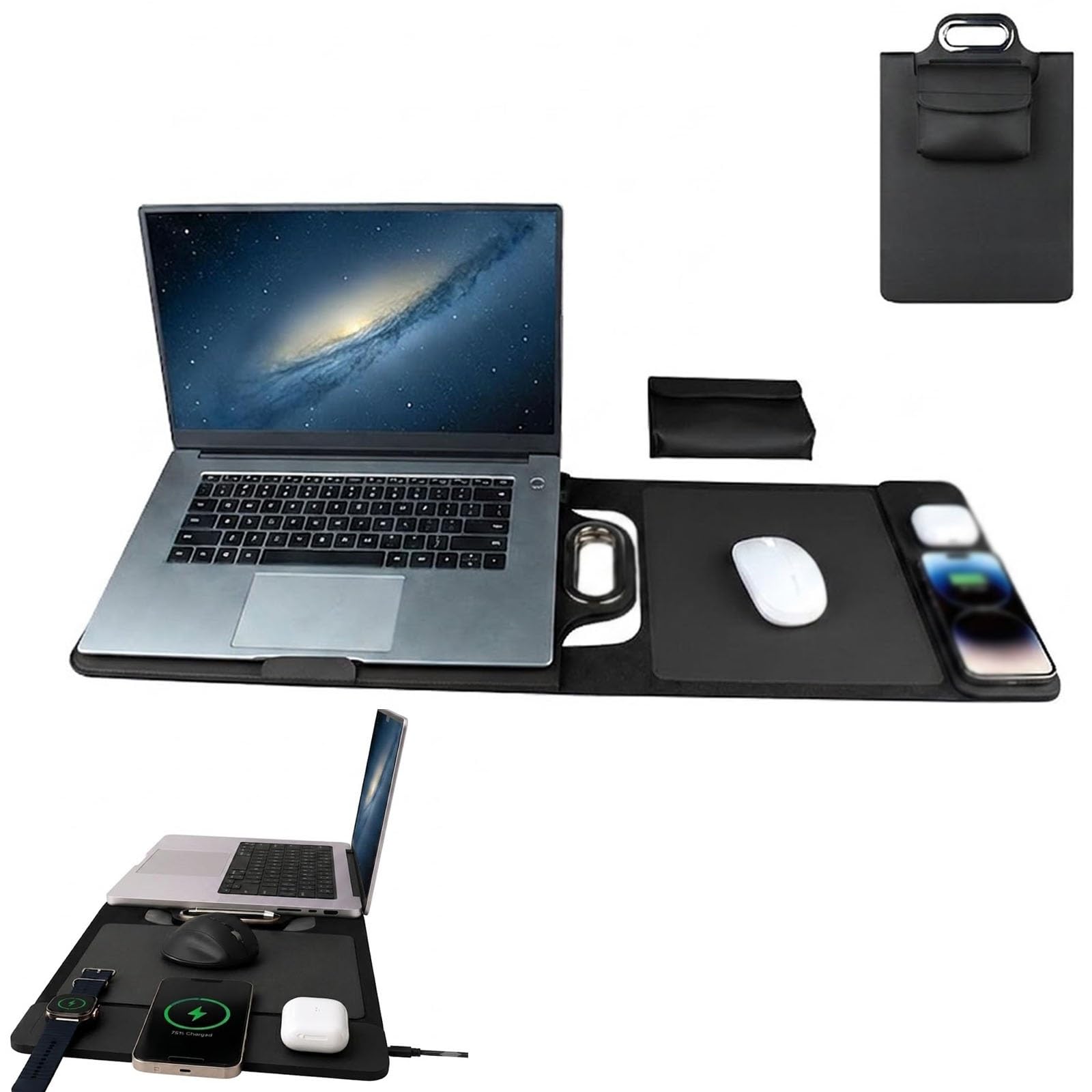 Custodia for Workstation Mobile All-in e Borsa for Laptop Pieghevole | Tappetino for Mouse con Ricarica Wireless Rapida 15W e Organizer Ergonomico da Viaggio for Professionisti(Nero,Dual)