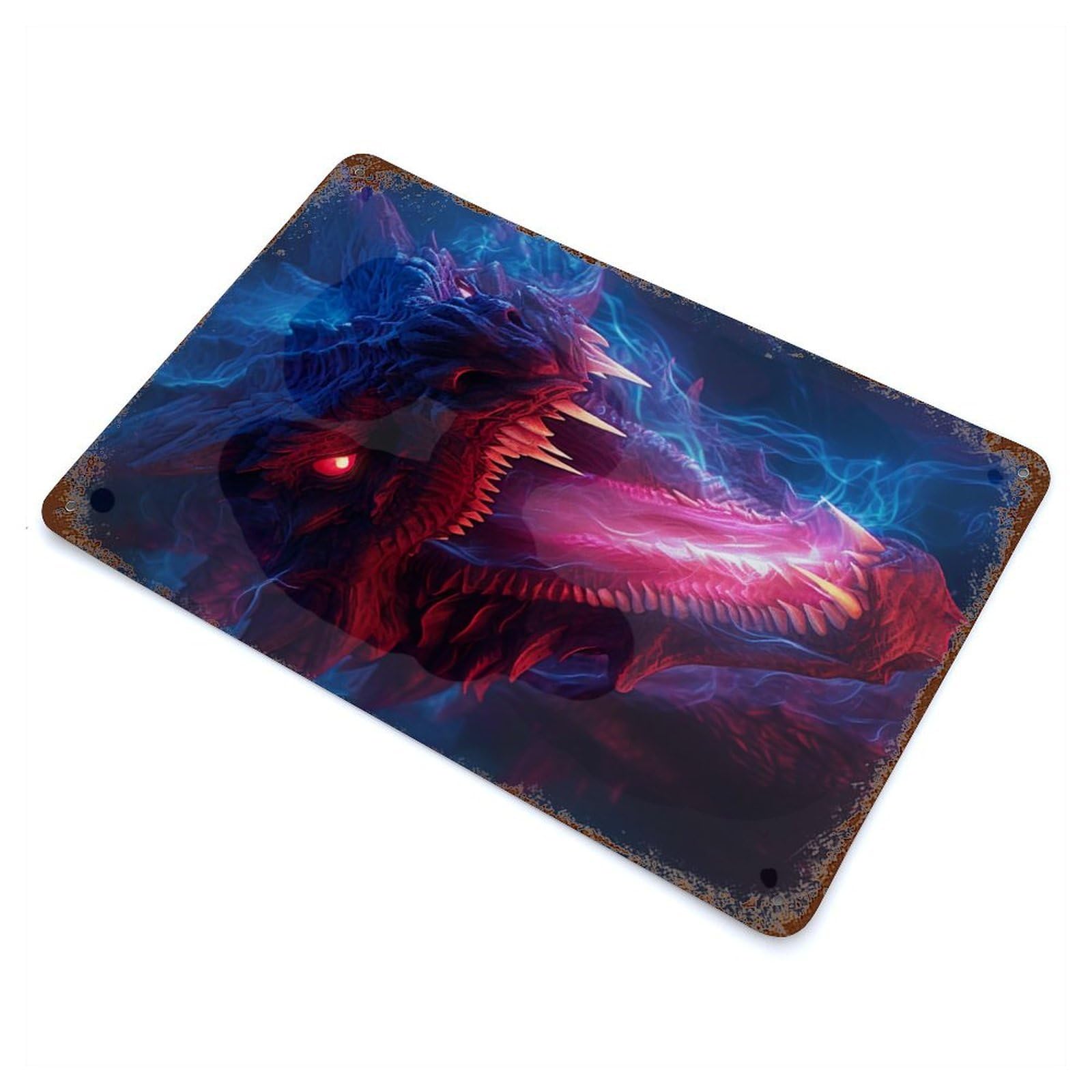 Majestic Dragon Vintage Wall Sign 11.8"x7.9", Rust Effect Metal Decor for Office, Studio And Wall Decor