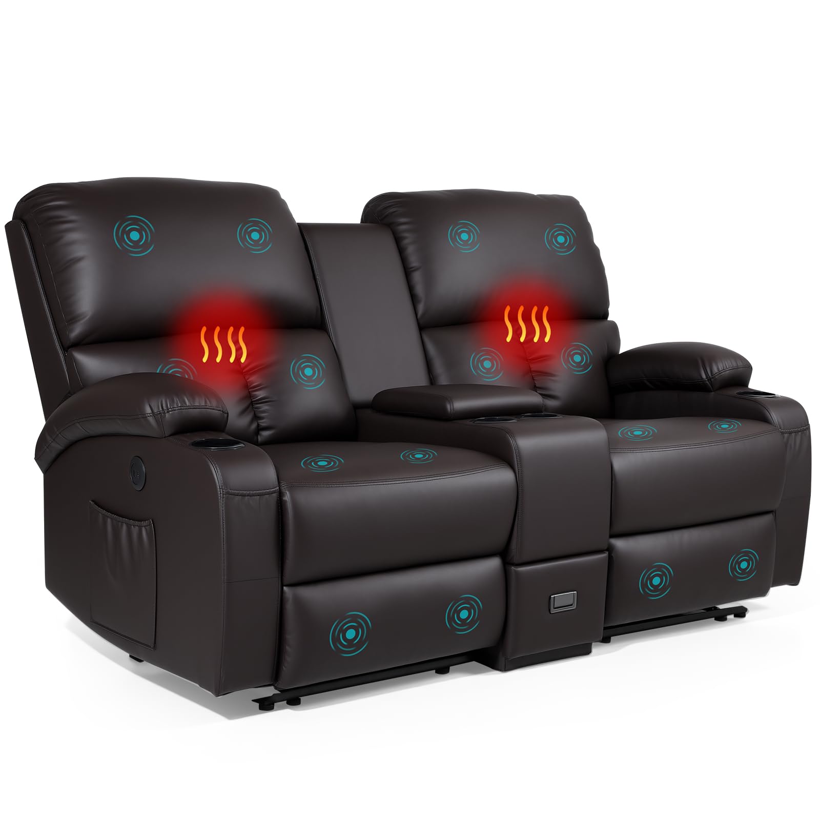 CHABATREE Home Theater Seating,RV Recliner Sofa with Massage and Heat,Manual RV Recliner Loveseat with USB/Cup Holders and Side Pocket for Living Room,Loveseat Brown