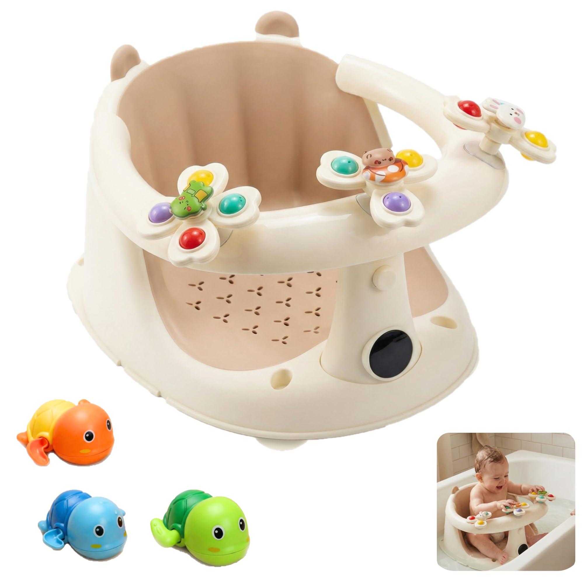 Baby Bath Seat For Babies 6 Months & Up With Built-in Thermometer, Strong Suction Cups & Interactive Toys – Ergonomic Infant Bath Seats For Babies