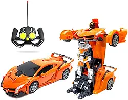 Carrinho Robô que Vira Carro Laranja 2 em 1 com Controle Sem Fio Recarregável