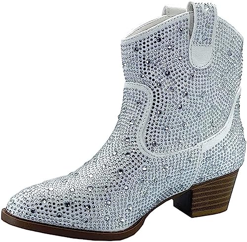 Forever Girls Rhinestone Cowboy Boots Kids Low Heel Dress Booties River-01K White 12