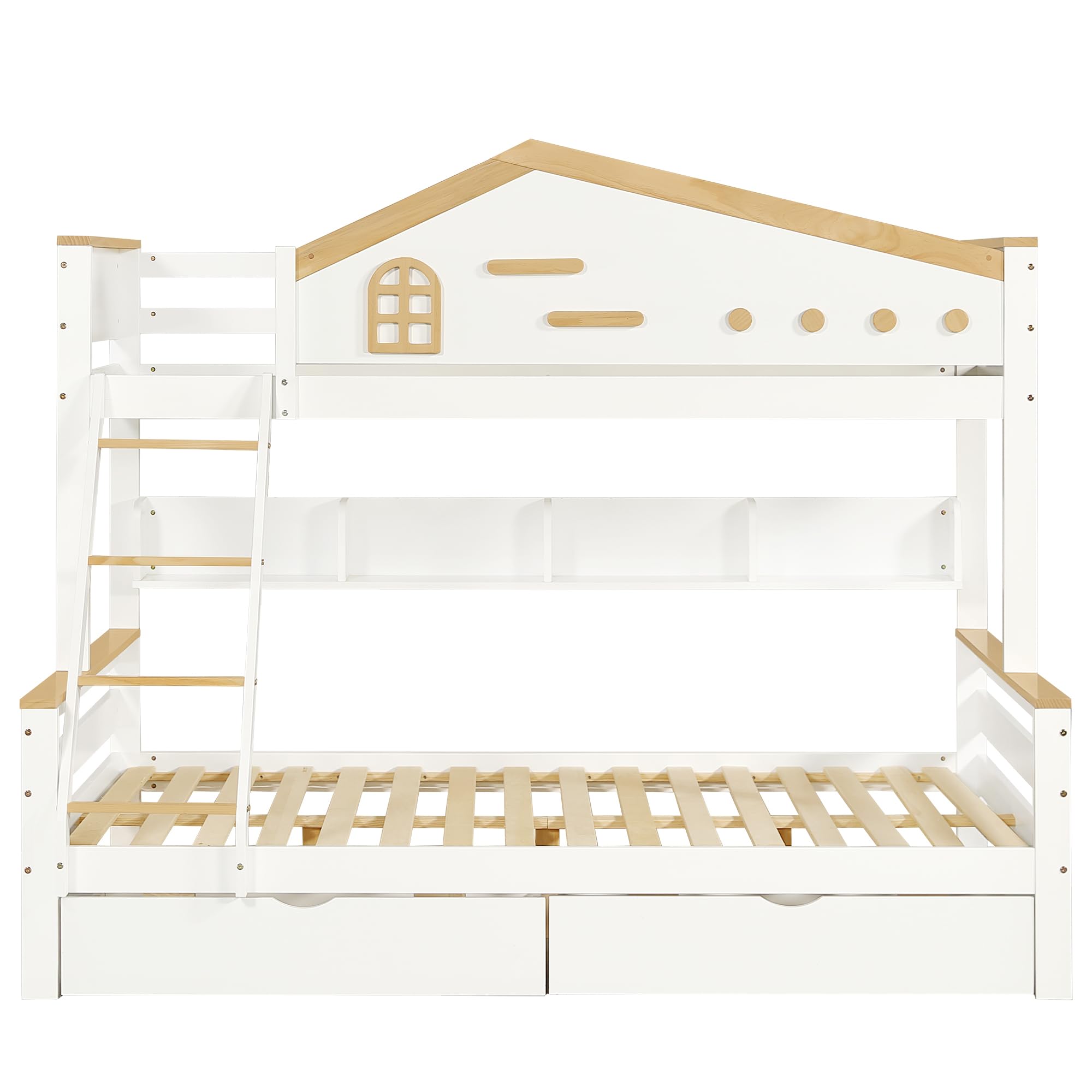 Lubvtti Litera Infantil con 2 cajones,Cama Infantil 90 x 200 cm y 140 x 200 cm,literas Juveniles con Estante Abierto,Estructura de Cama de Matrimonio de Madera Maciza, Blanco + Natural