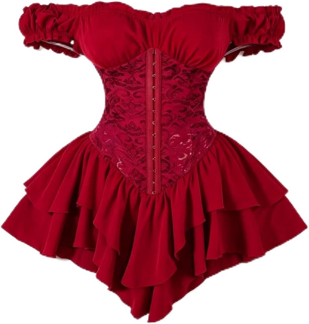 Womens Off Shoulder Corset Dress Layered Ruffle Hem Mini Dresses