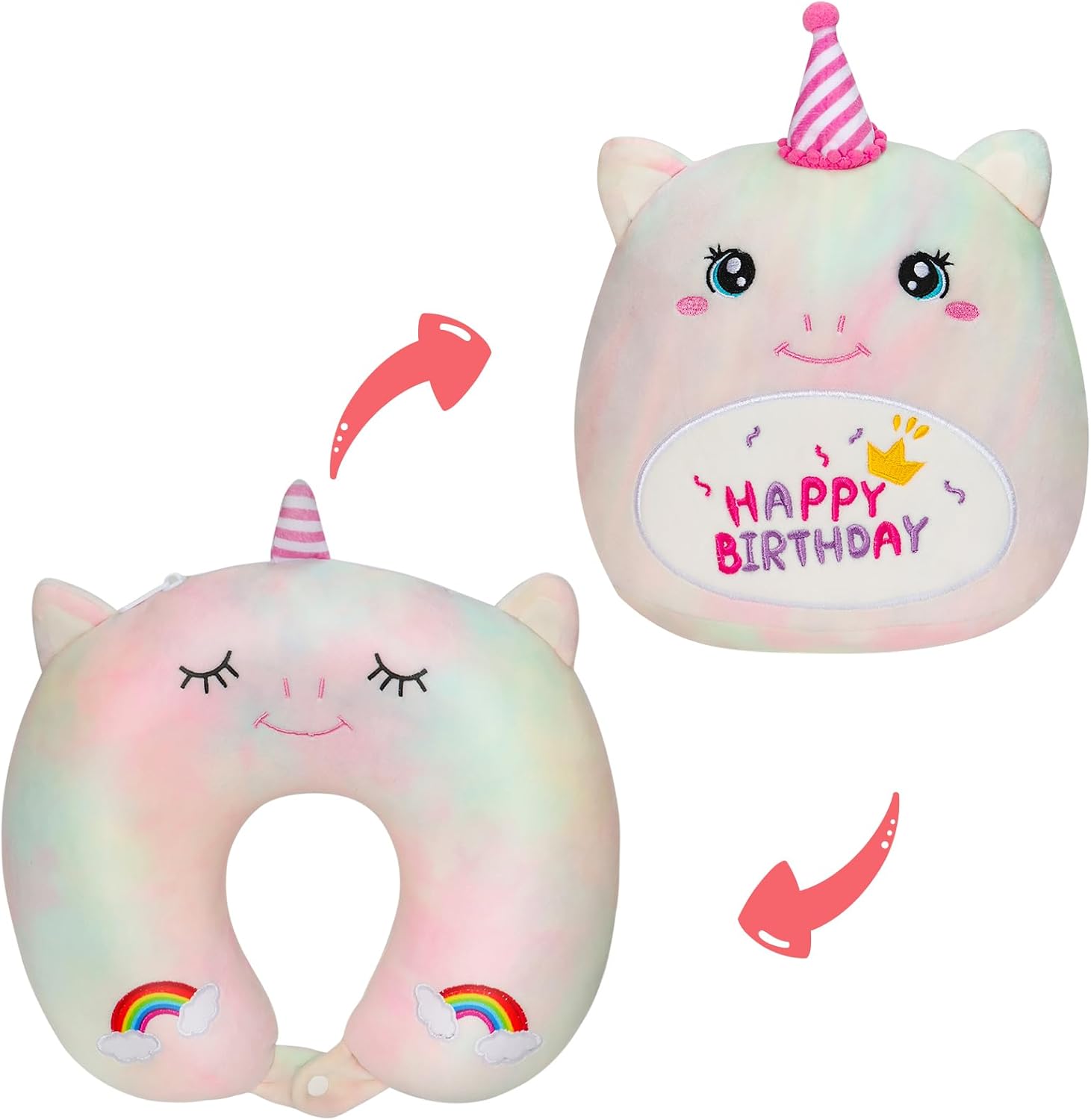 GDGZT Kids Travel Pillow, 2-In-1 Kids Neck Pillow, Reversible Plush Unicorn Neck Pillow, Kids Neck Pillows for Travel Comfortable in Airplane, Car, Train, Reading, Birthday Plush Toy