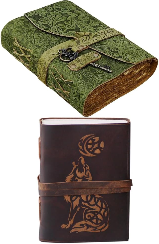 SH SHIFAA HANDICRAFT Floral Leather Journal With Wolf