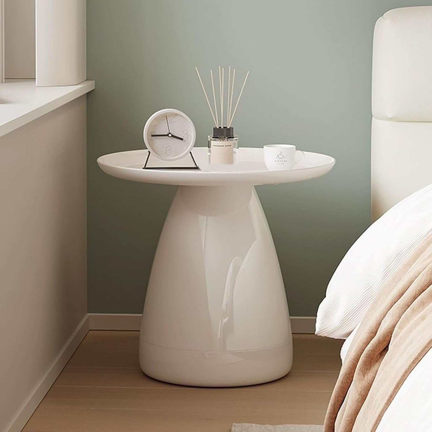 Modern Mushroom Nightstand Table with Open Storage, Stylish Bedside Table for Bedroom & Living Room, Durable PC Material Side Table (Light Yellow)