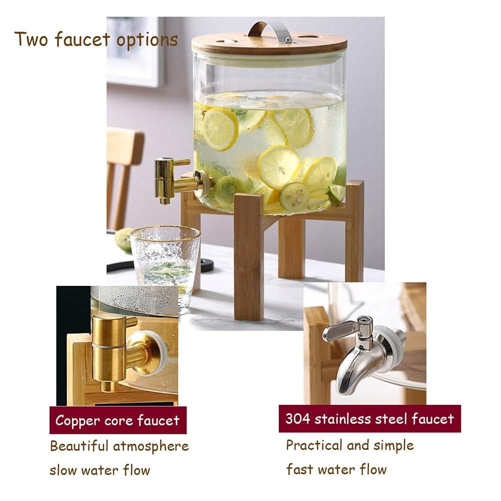 Dispensador de bebidas de vidrio con grifo de acero inoxidable 5L/8L/10L - Dispensador de bebidas a prueba de fugas con soporte de madera - Perfecto para cócteles, agua y más - Diseño de boca ancha de