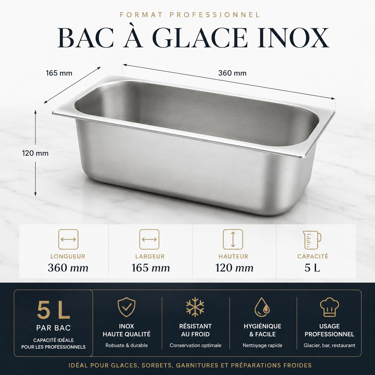 Lot de 4 Bacs à Glace Inox 360x165 mm Hauteur 120 mm – Bac à Crème Glacée Professionnel – Bac Inox pour Vitrine, Bar, Restauration