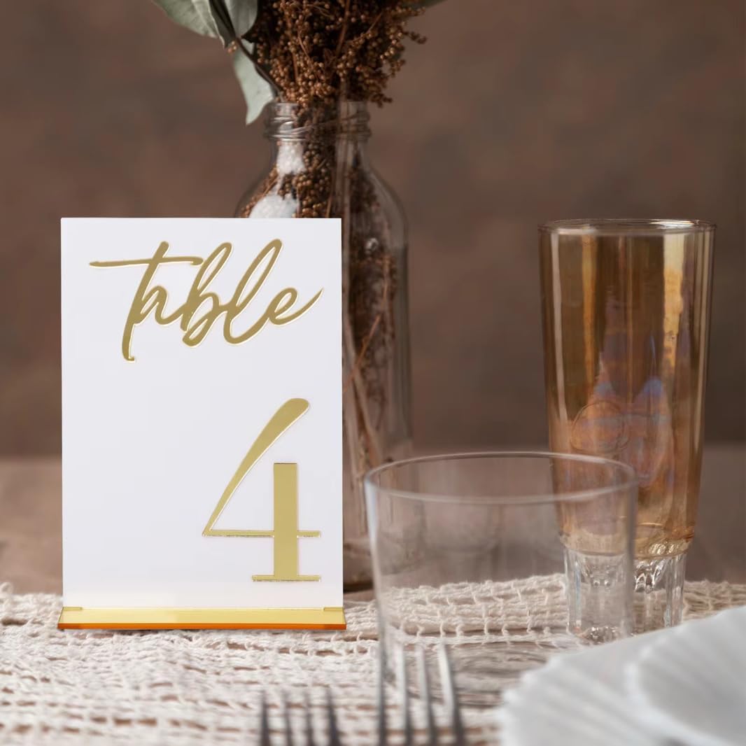 Wedding Table Numbers 1-15, White Acrylic with Gold Text, Freestanding with Base