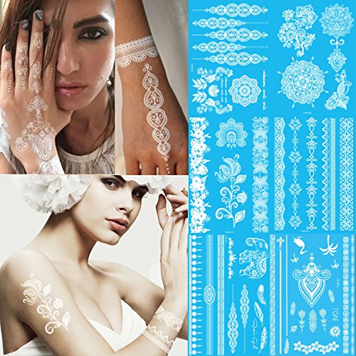 Henna Temporary Tattoo Lace fake Stickers Bride Wedding Tattoo Designs Jewelry Tattoos Large Sheet 21x15cm (White)