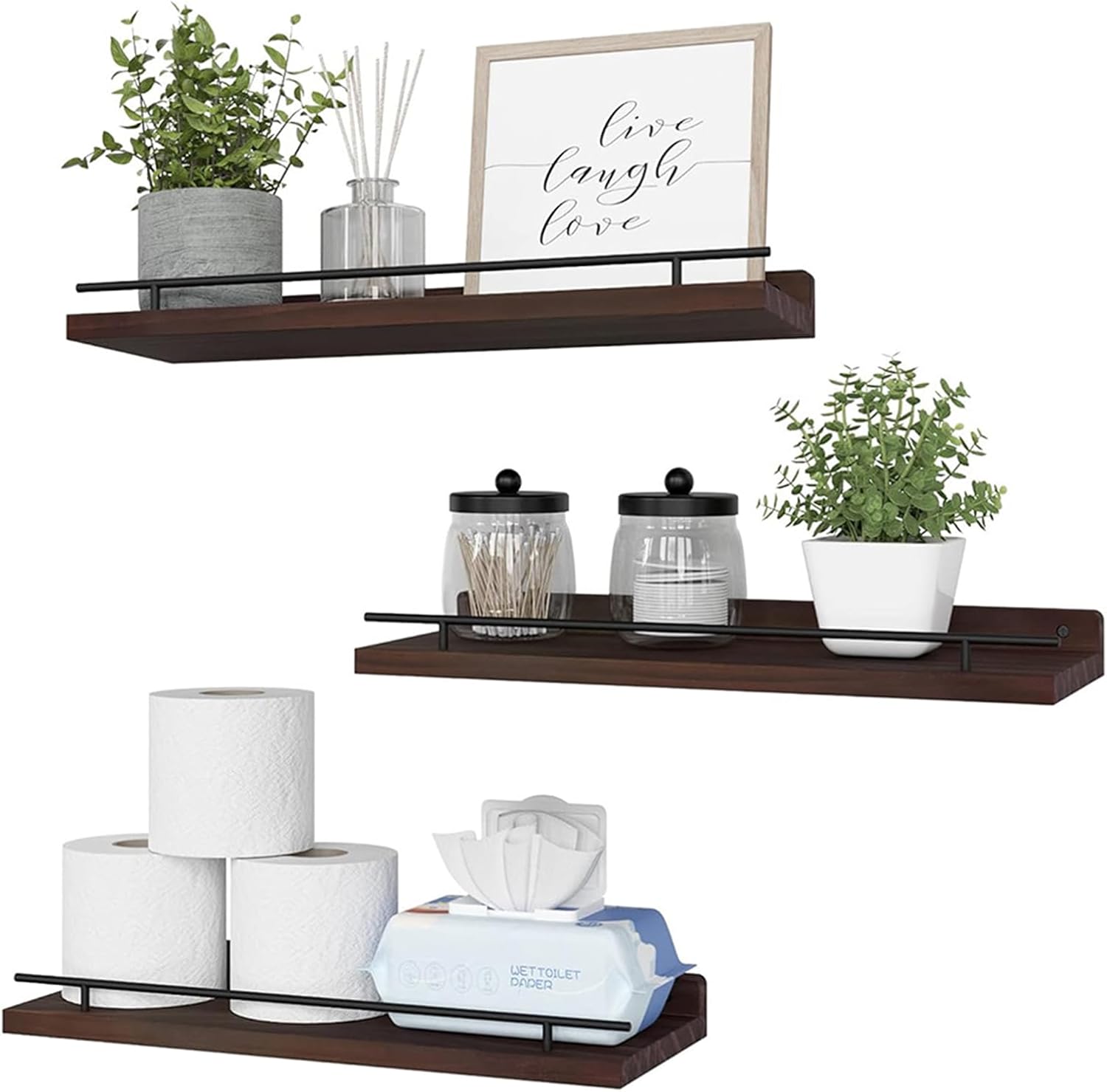 Floating Shelves for Wall 3 Sets Wall Mounted Wood Shelves Bathroom Over Toilet Shelves Storage Shelf for Bathroom, Bedroom, Kitchen, 16" Book Shelf Organizer for Home Decor, Black