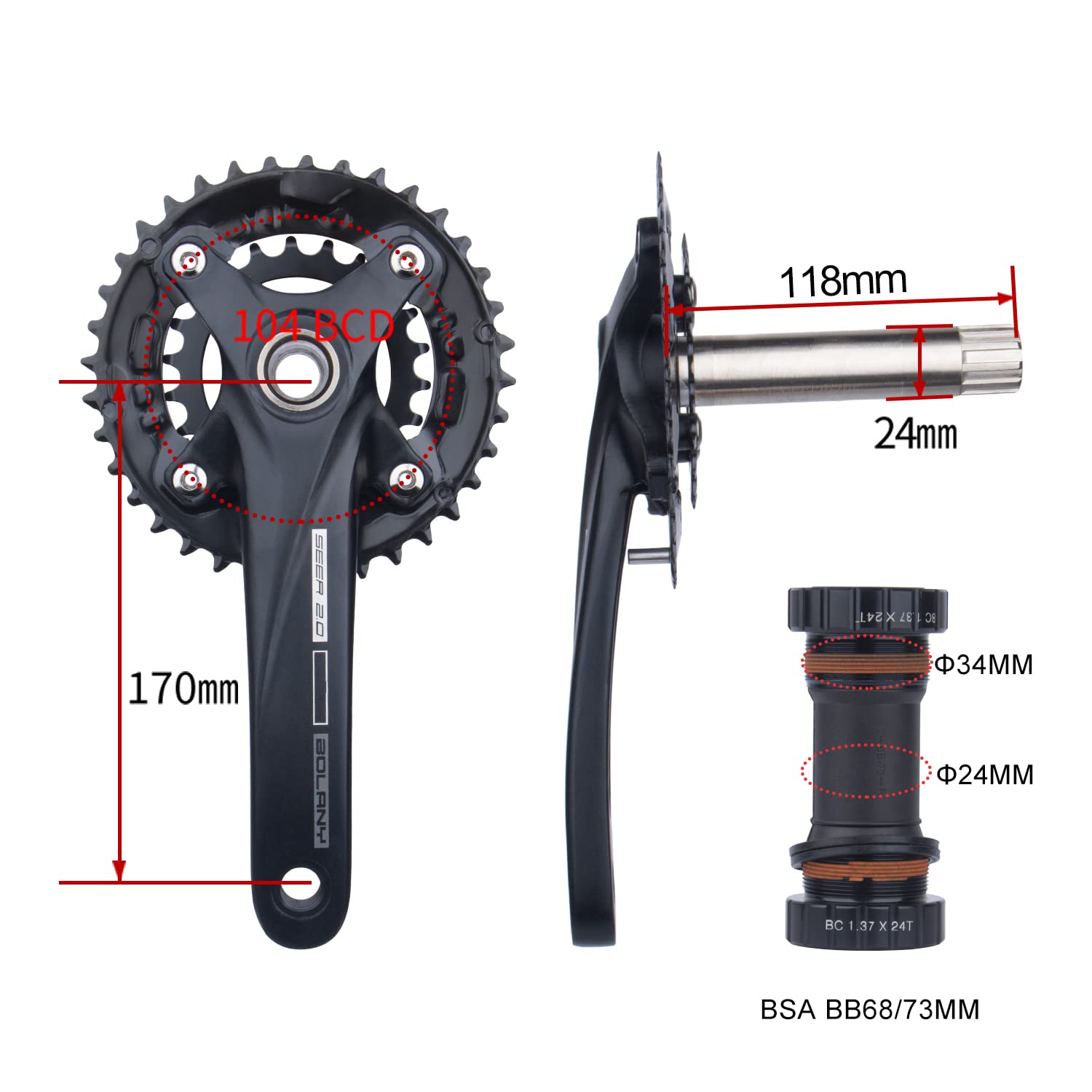 BOLANY Fahrrad Kurbelgarnitur 170mm kurbel 104BCD Hollowtech-Kurbelgarnitur 2 Fach Einzelspeed-Rundkettenblatt 22/36T 24/38T MTB Kurbelsatz mit Tretlager